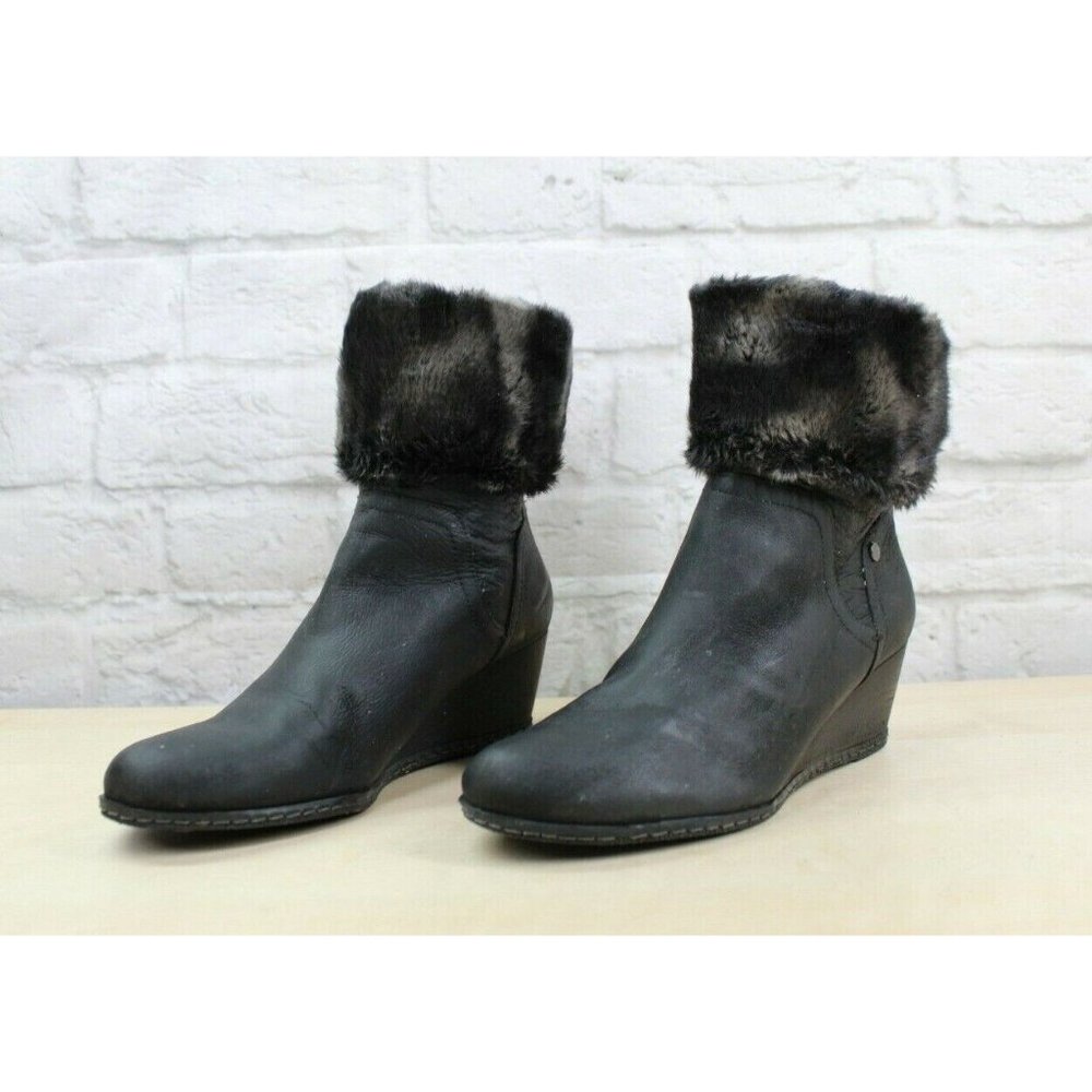 Franco Sarto Anorak Black Leather Faux Fur Back Zip Winter Wedge Boots Size 9 M - Picture 2 of 9